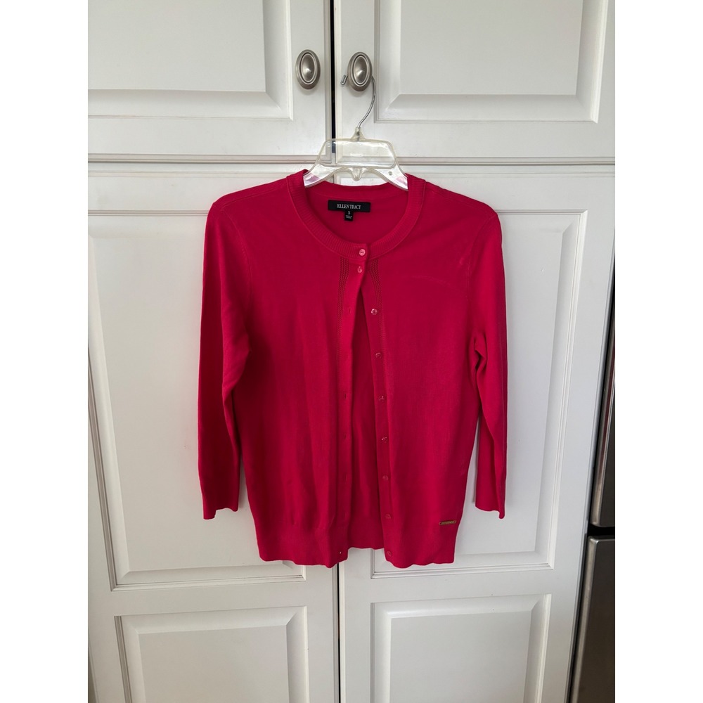 Ellen Tracy Pink Button Front Cardigan Sweater Knit 3/4 Sleeve Womens S